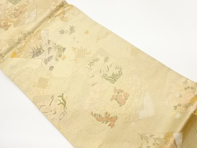 色紙に花鳥・御所車・波模様織出し袋帯